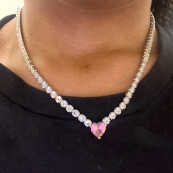Pink Heart Gemstone, Simulated Cz Rhinestone Tennis, Bridal, Glamorous Necklace - Picture 4 of 15